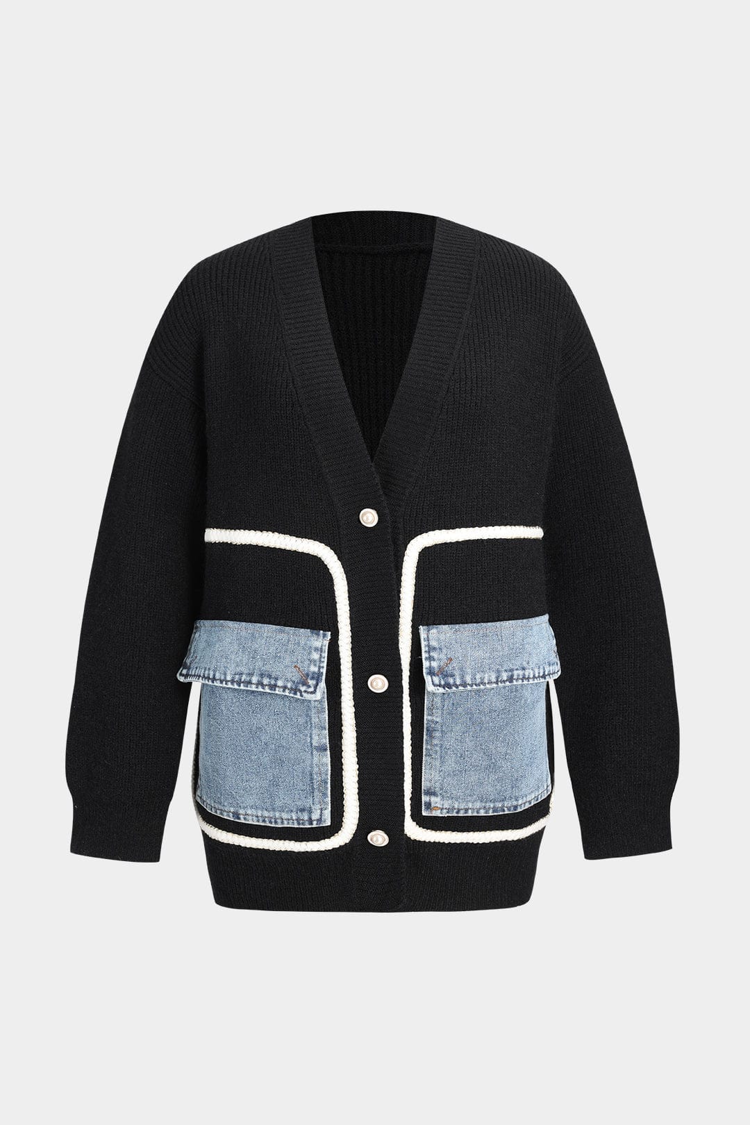 Ella | Noir Women's Knitted Cardigan with Denim Pocket Details for Effortless Everyday Style