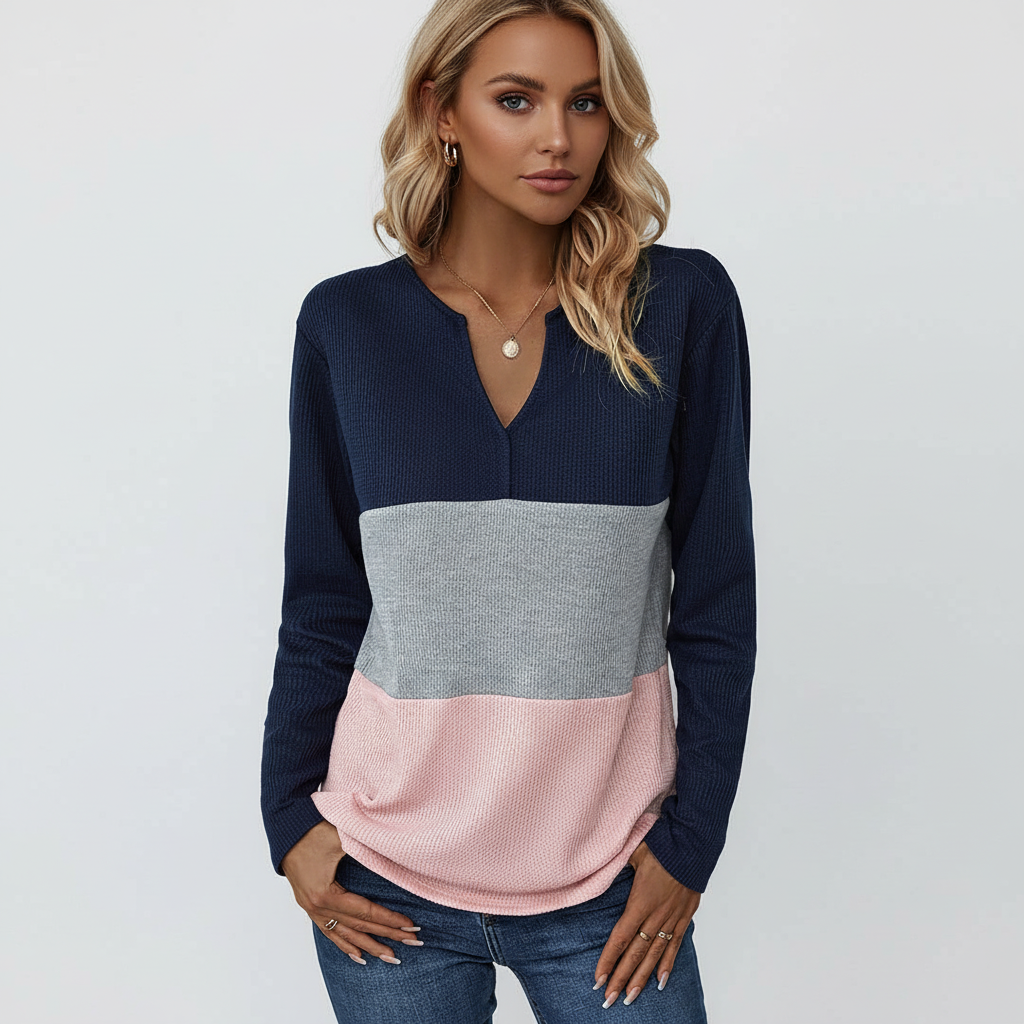 Megan | Women's Panelled V Neck Sweater Relaxed Long Sleeve Fit