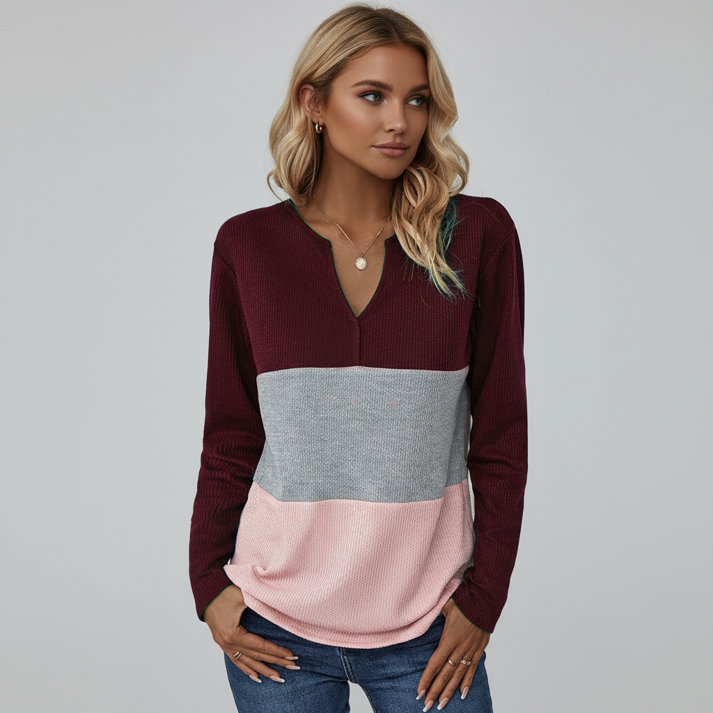 Megan | Women's Panelled V Neck Sweater Relaxed Long Sleeve Fit