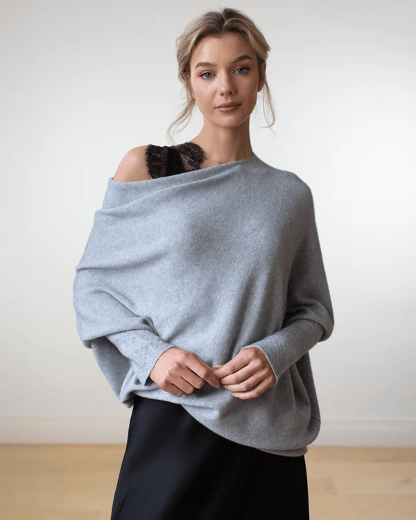 Brenda | Women's Asymmetric Knit Poncho Top – Draped Off-Shoulder Layer for Day and Evening Wear