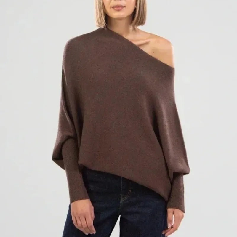 Brenda | Women's Asymmetric Knit Poncho Top – Draped Off-Shoulder Layer for Day and Evening Wear