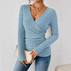 Elsie | Women's Ribbed Wrap Top V Neck Button Detail Knit