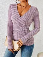 Elsie | Women's Ribbed Wrap Top V Neck Button Detail Knit