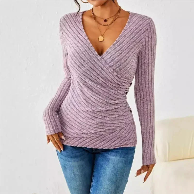 Elsie | Women's Ribbed Wrap Top V Neck Button Detail Knit