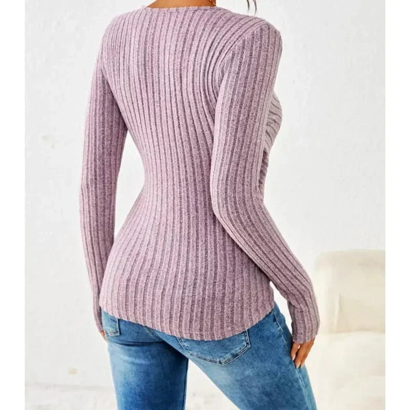 Elsie | Women's Ribbed Wrap Top V Neck Button Detail Knit