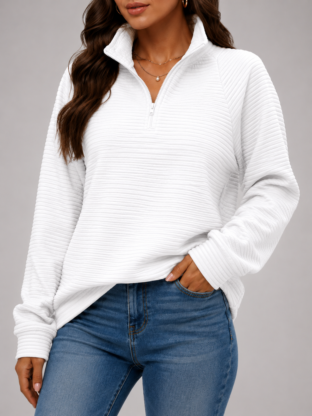 Sophia | Women's Half-Zip Ribbed Sweater – Relaxed High-Neck Knit Pullover for Casual Autumn and Winter Wear