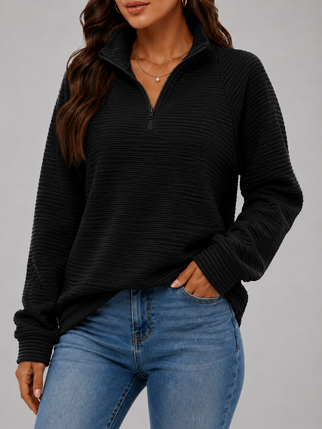 Sophia | Women's Half-Zip Ribbed Sweater – Relaxed High-Neck Knit Pullover for Casual Autumn and Winter Wear