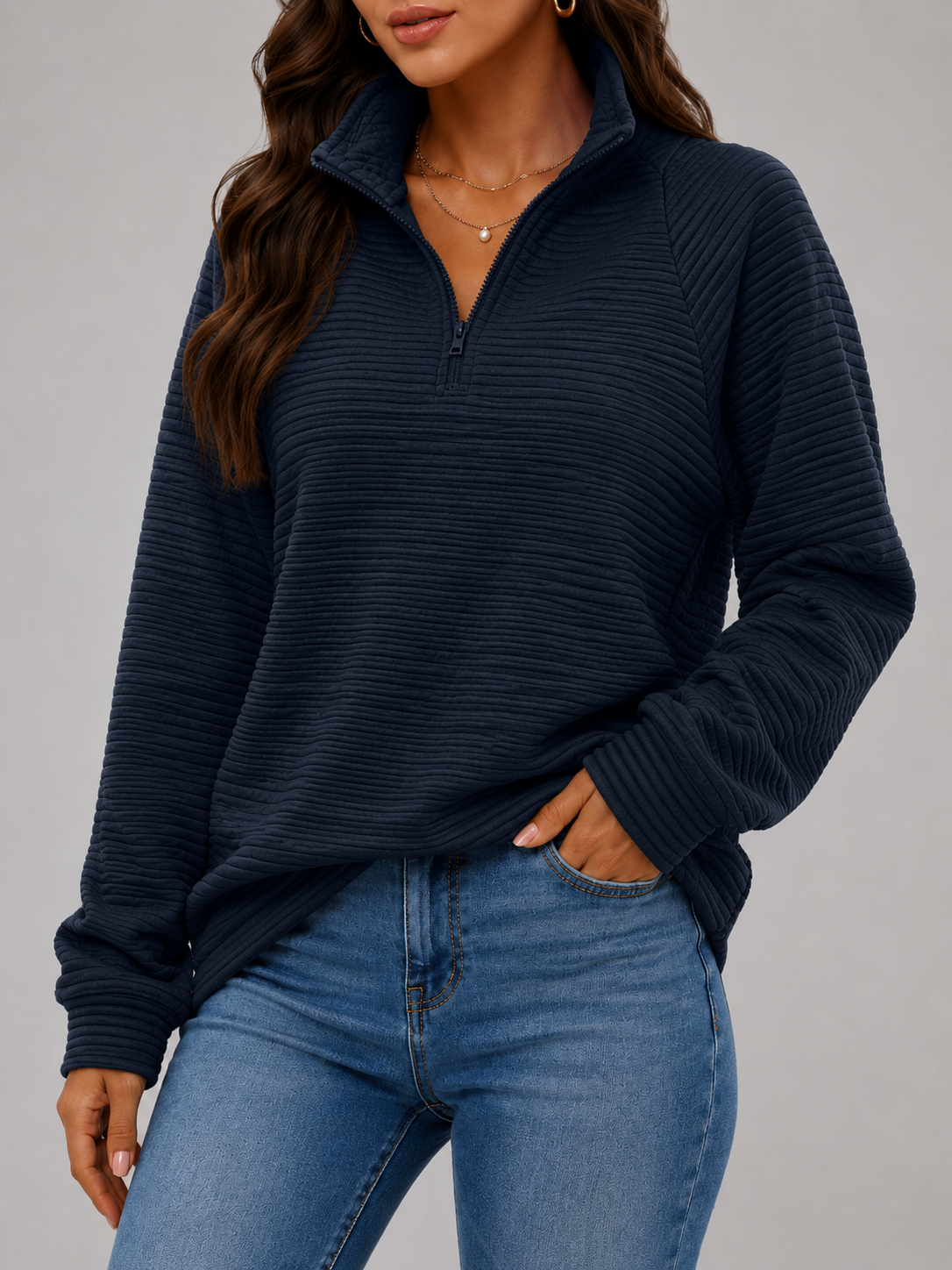 Sophia | Women's Half-Zip Ribbed Sweater – Relaxed High-Neck Knit Pullover for Casual Autumn and Winter Wear
