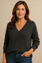 Amanda | Women's Deep V-Neck Knitted Jumper Relaxed Long Sleeve Pullover
