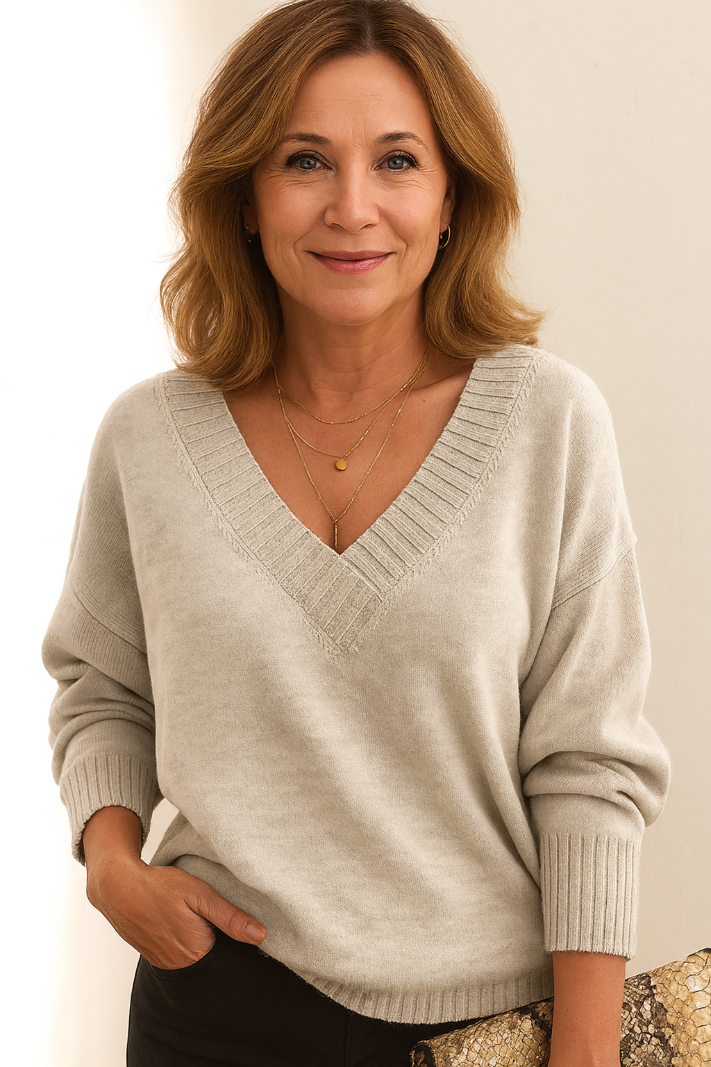 Amanda | Women's Deep V-Neck Knitted Jumper Relaxed Long Sleeve Pullover