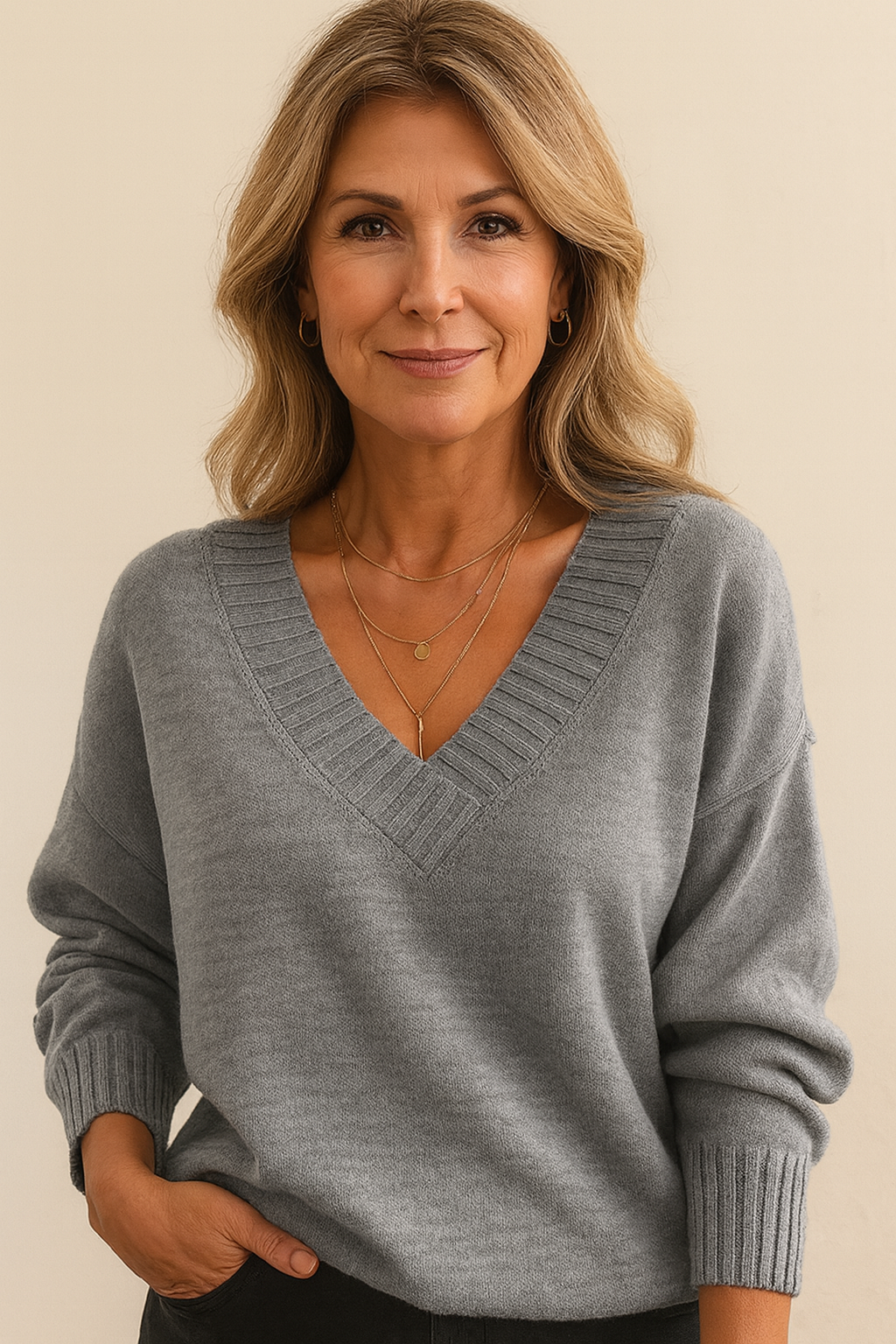 Amanda | Women's Deep V-Neck Knitted Jumper Relaxed Long Sleeve Pullover
