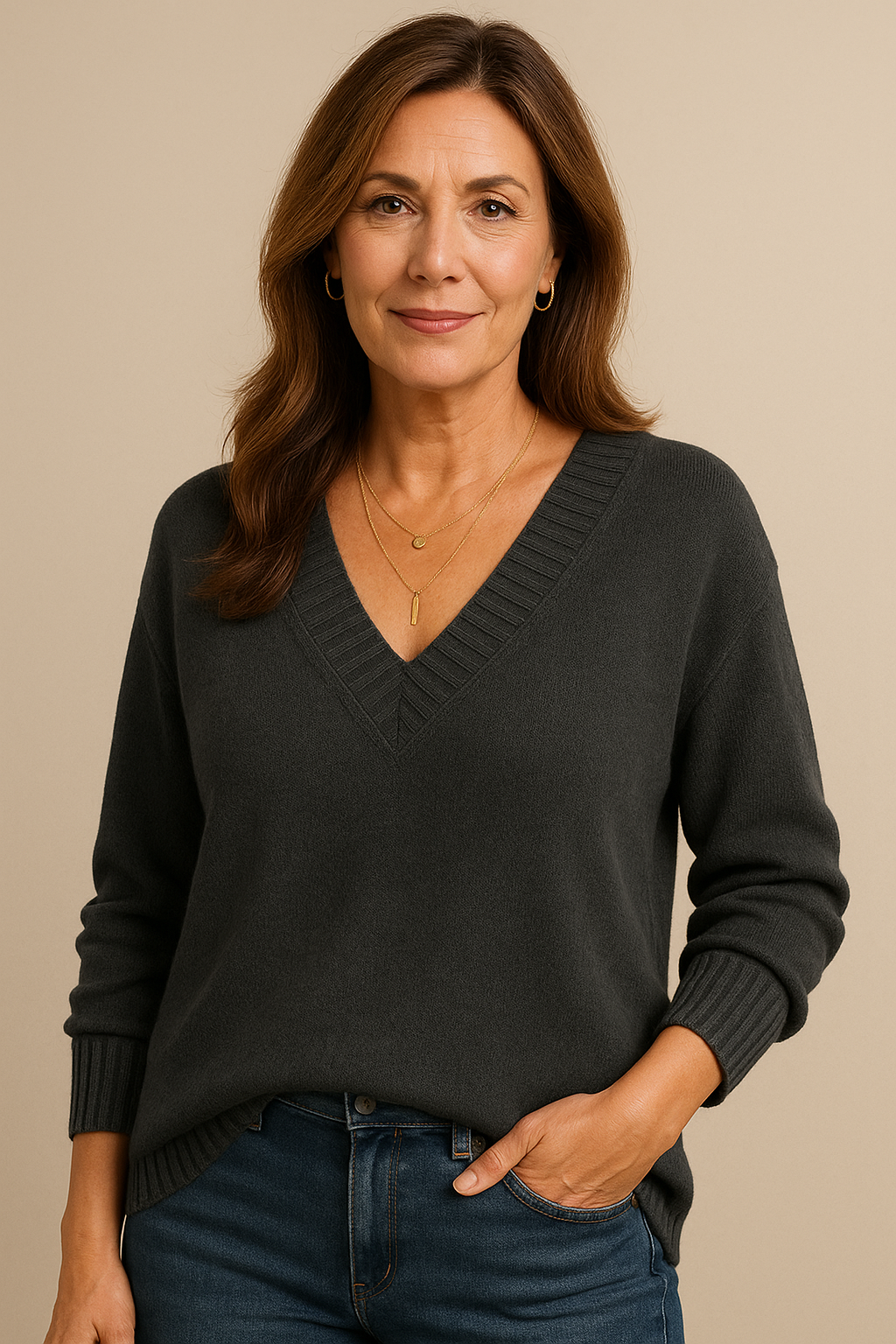 Amanda | Women's Deep V-Neck Knitted Jumper Relaxed Long Sleeve Pullover