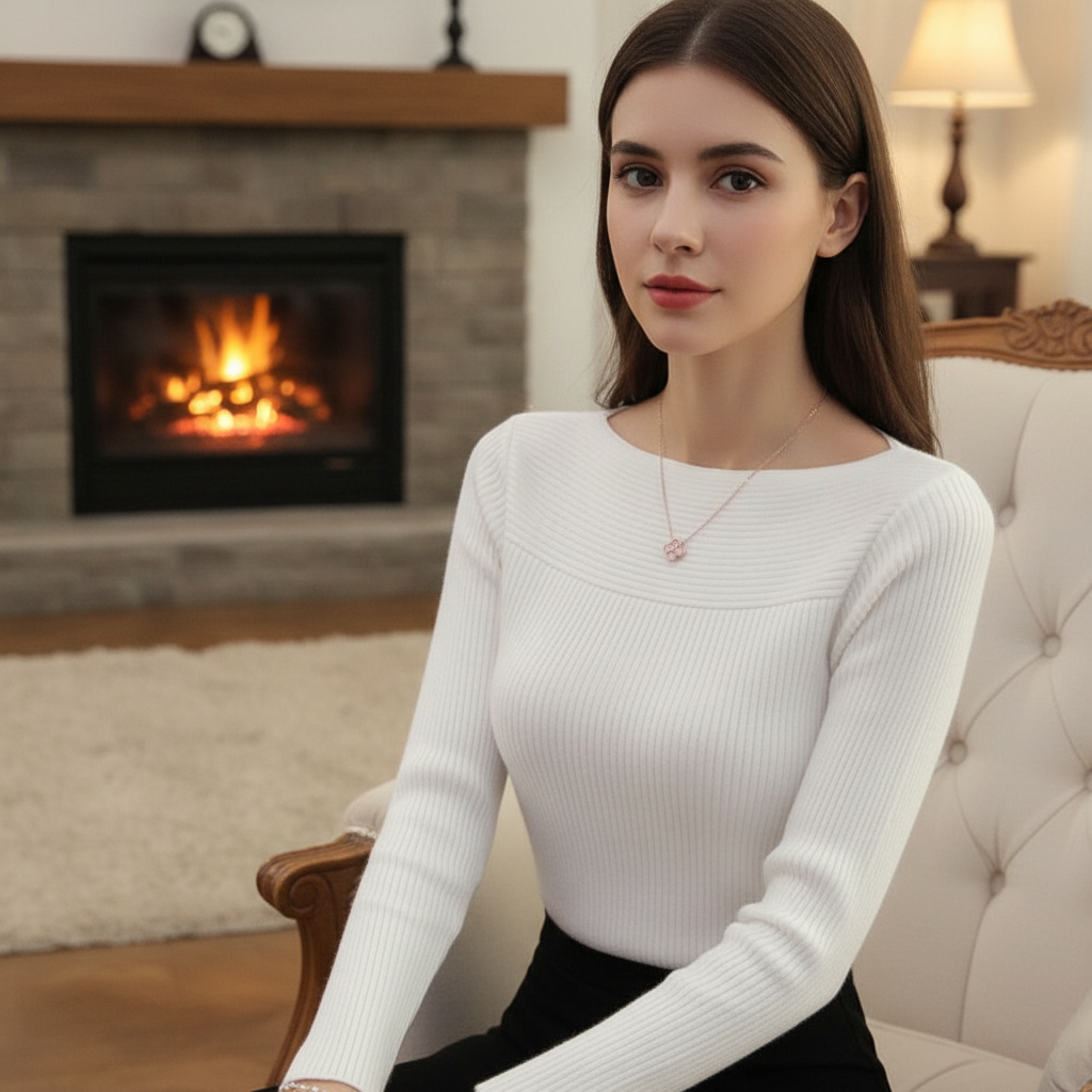 Lorna | Women's Ribbed Boat Neck Sweater Slim Long Sleeve Fit