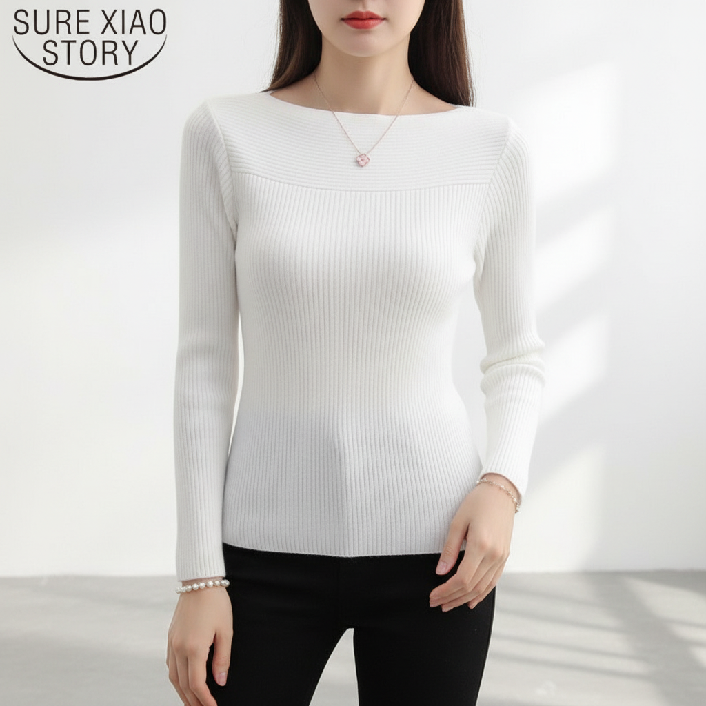 Lorna | Women's Ribbed Boat Neck Sweater Slim Long Sleeve Fit