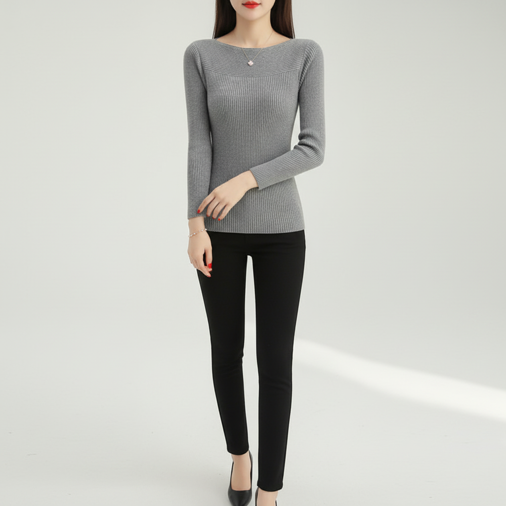 Lorna | Women's Ribbed Boat Neck Sweater Slim Long Sleeve Fit