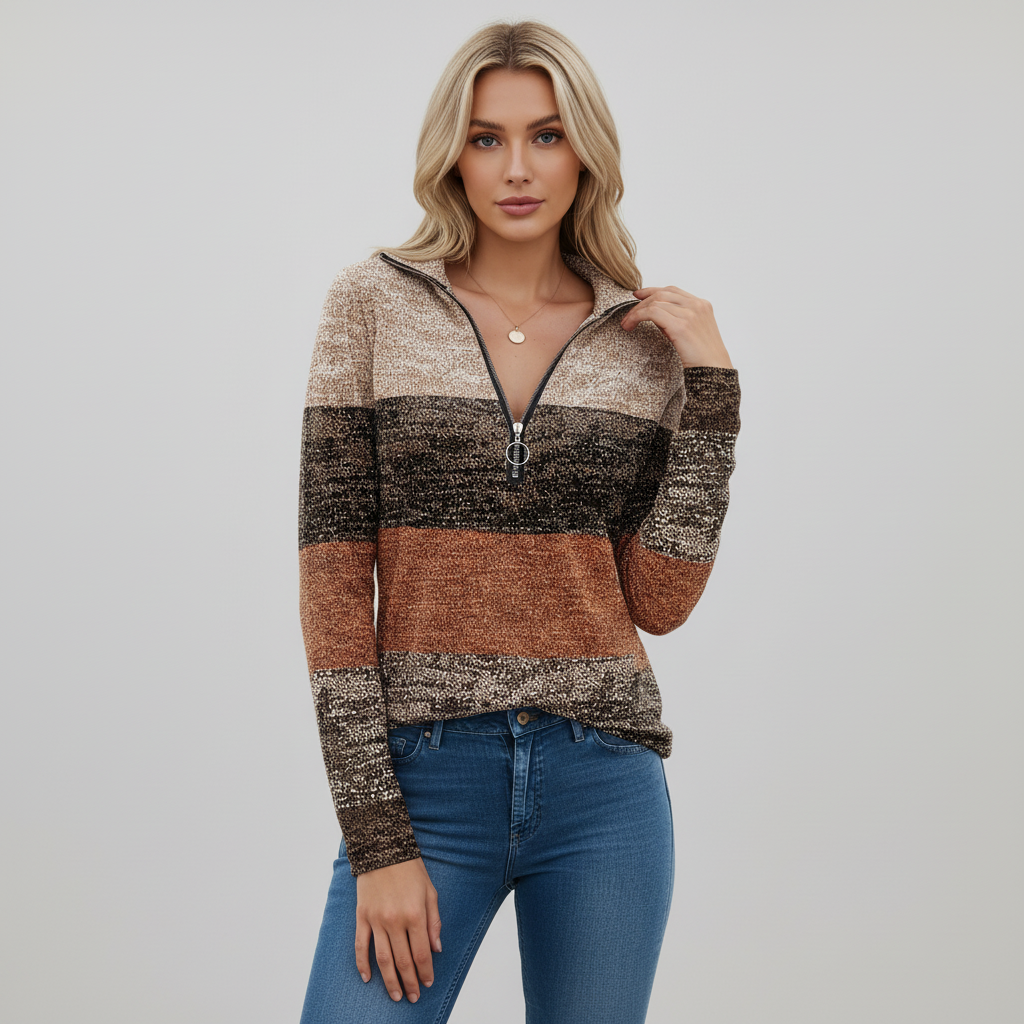 Sharon | Women's Printed Quarter Zip Sweater Relaxed Long Sleeve Fit