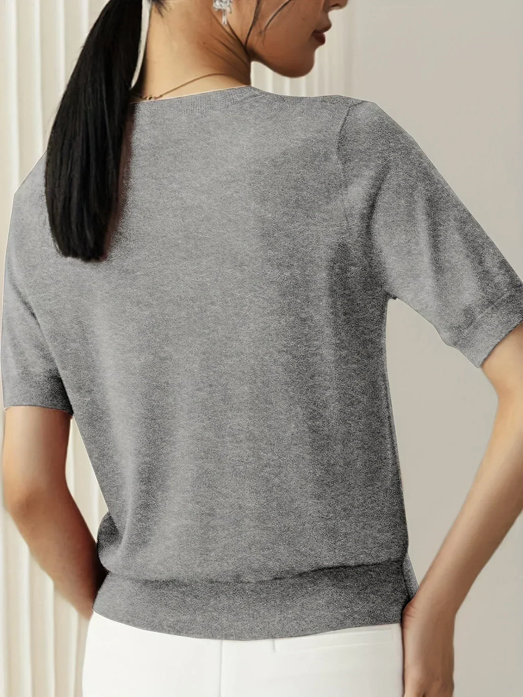Sharon | Women's Fine Knit Sweater with Short Sleeves and Ribbed Trim