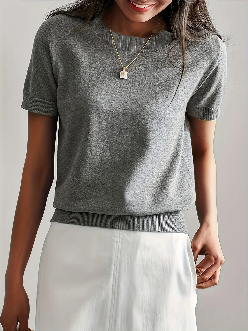 Sharon | Women's Fine Knit Sweater with Short Sleeves and Ribbed Trim