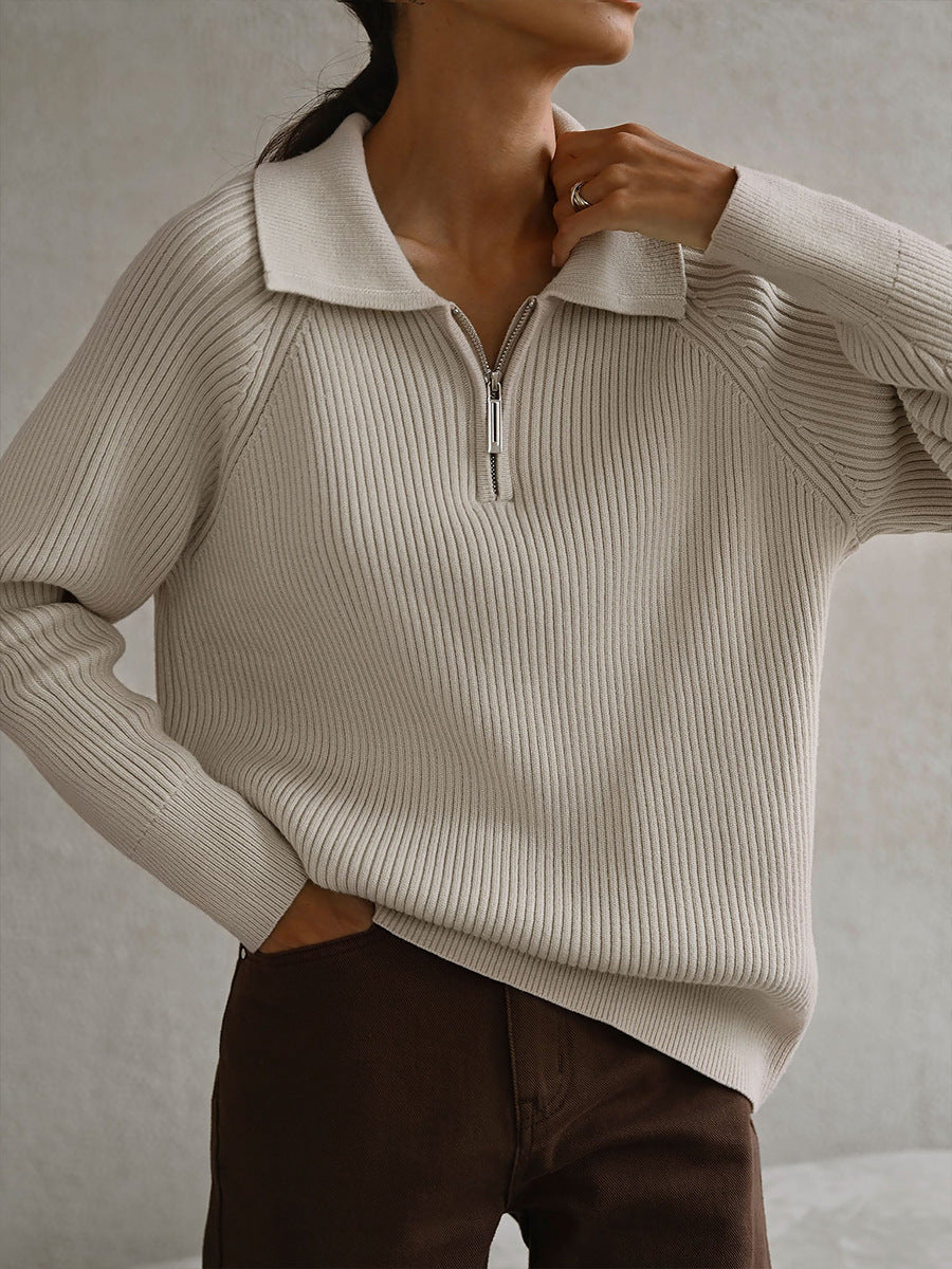 Gloria | Women's Ribbed Zip-Neck Sweater – Soft Collared Knit for Office and Weekend Wear