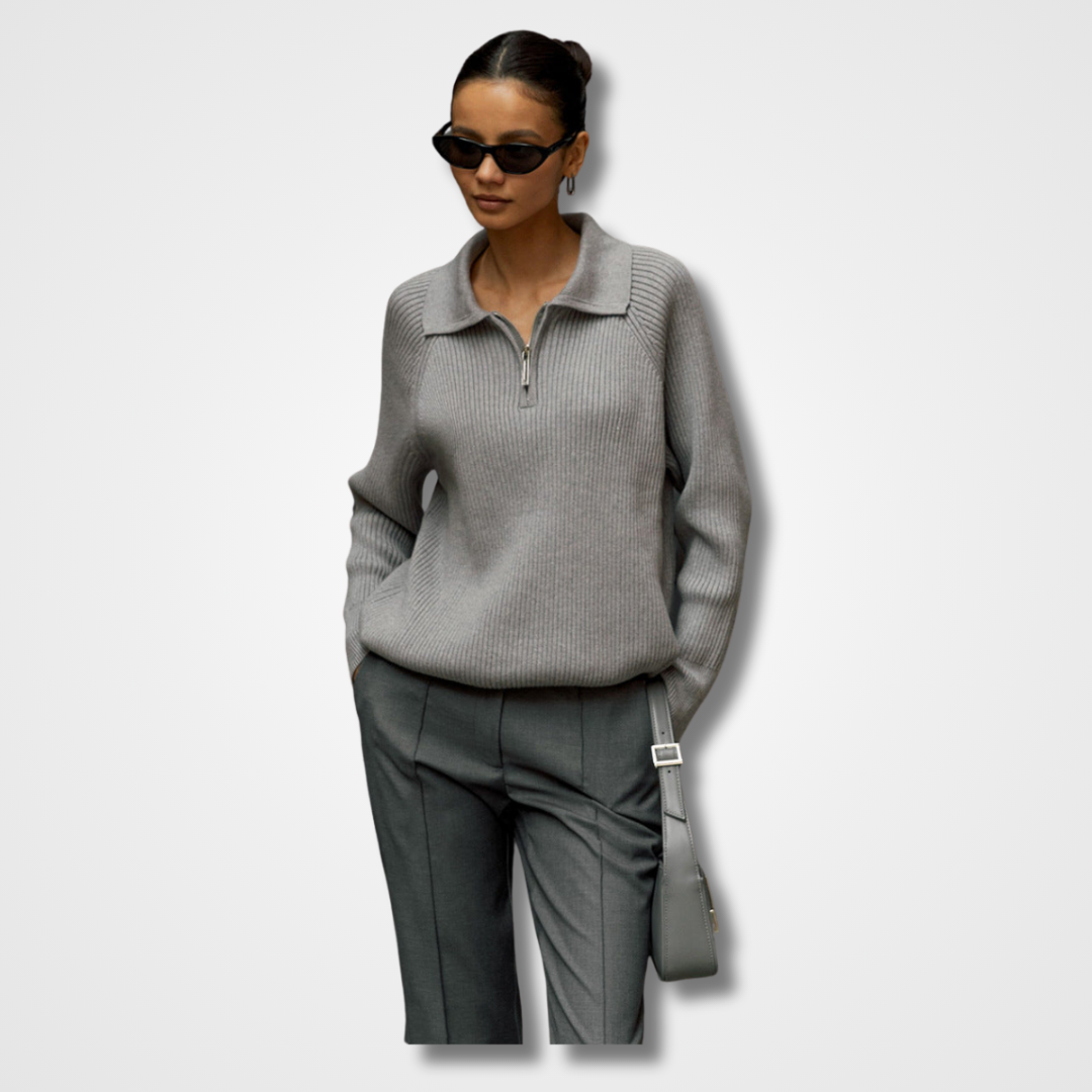 Gloria | Women's Ribbed Zip-Neck Sweater – Soft Collared Knit for Office and Weekend Wear