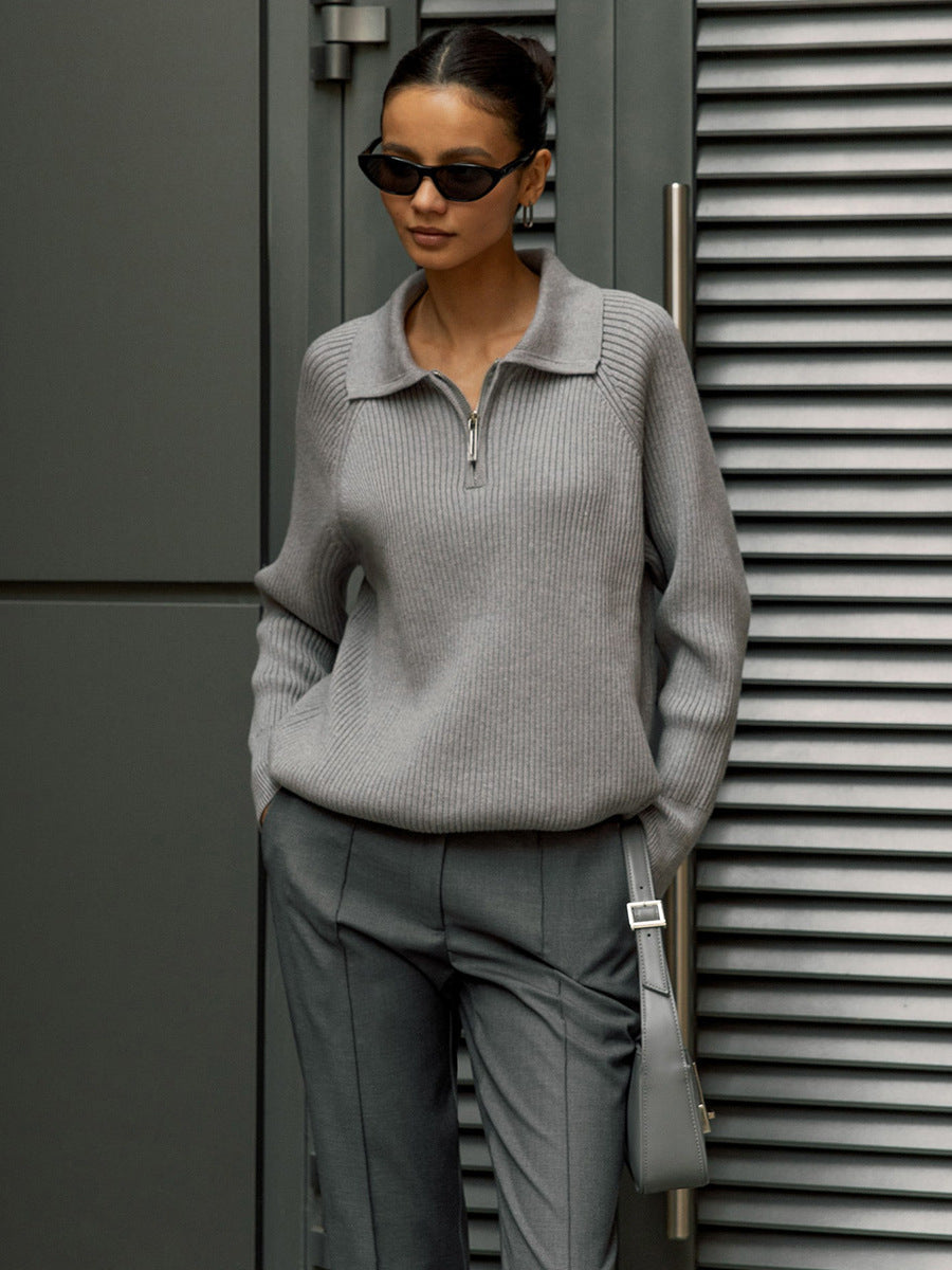 Gloria | Women's Ribbed Zip-Neck Sweater – Soft Collared Knit for Office and Weekend Wear
