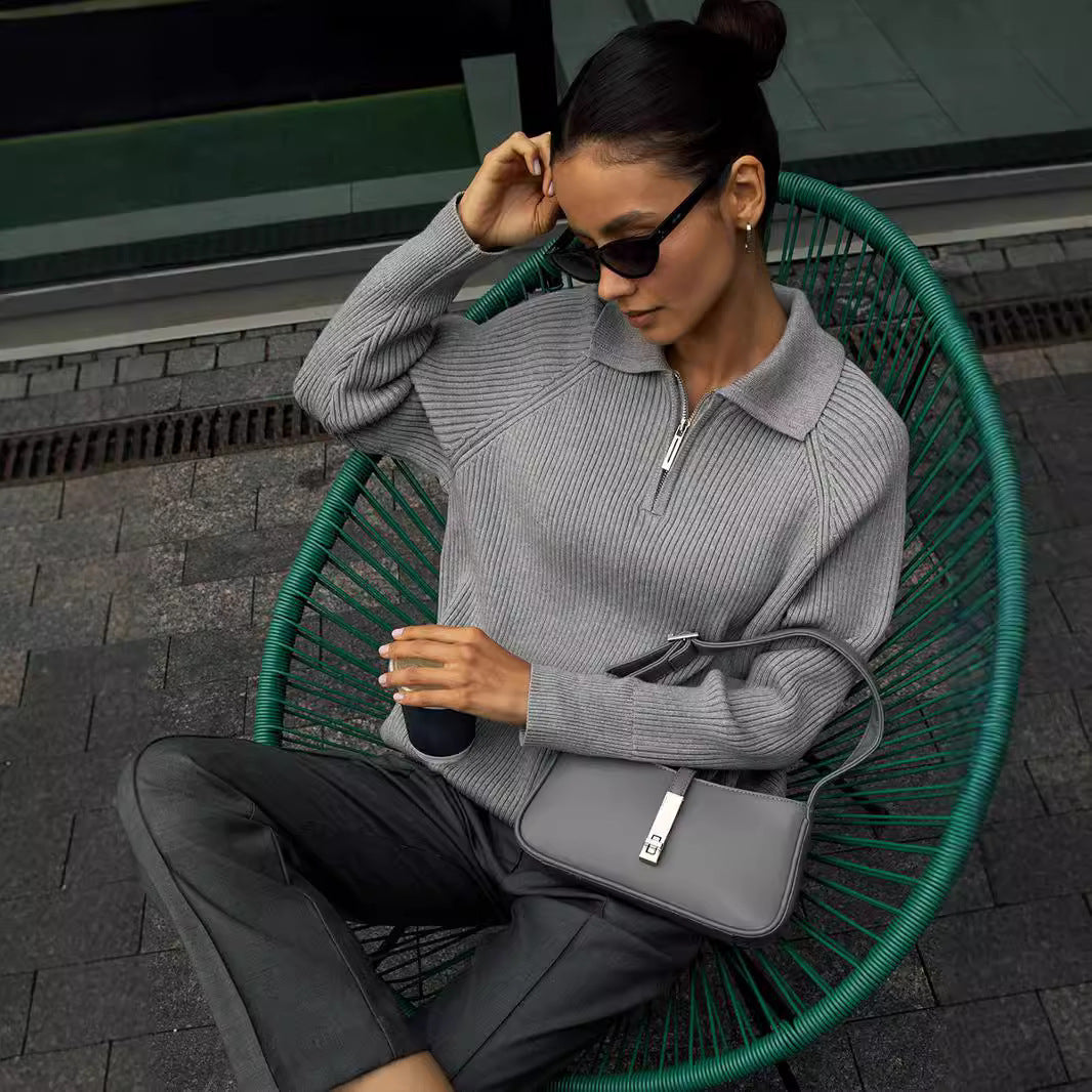 Gloria | Women's Ribbed Zip-Neck Sweater – Soft Collared Knit for Office and Weekend Wear