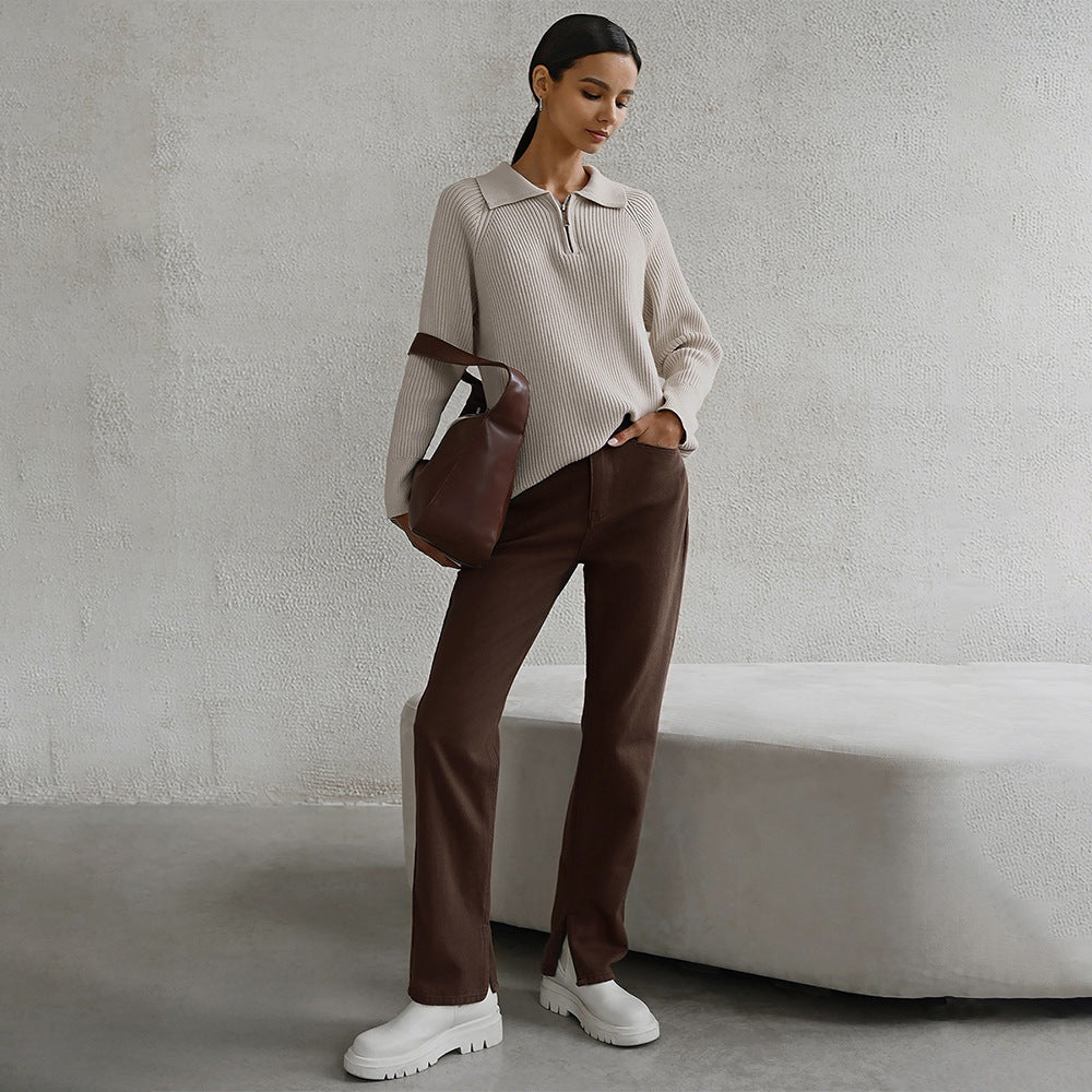 Gloria | Women's Ribbed Zip-Neck Sweater – Soft Collared Knit for Office and Weekend Wear