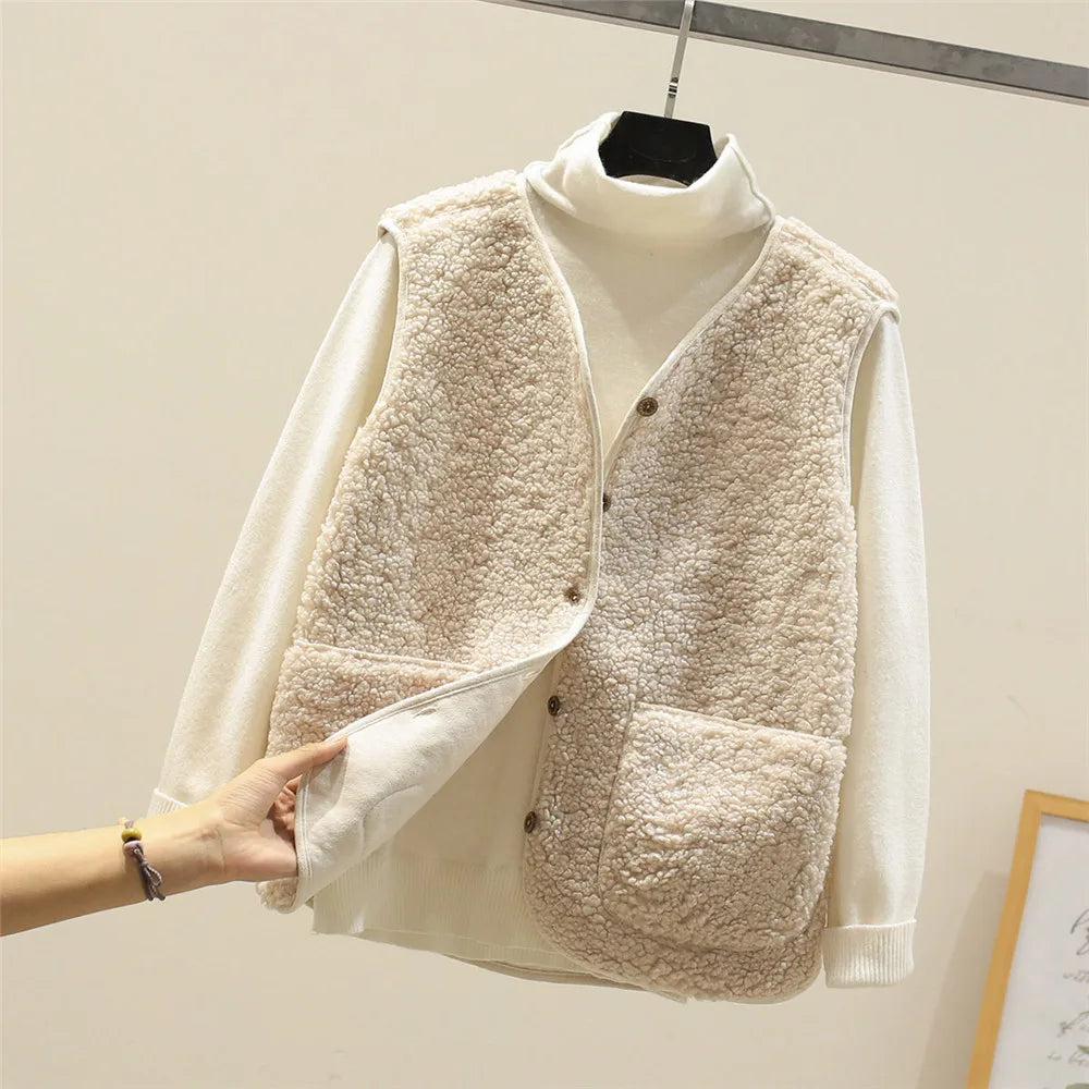 Clementine | Women's Soft Teddy Bodywarmer Vest – Relaxed Button-Up Sleeveless Layer with Pockets for Casual Autumn Winter Everyday Wear