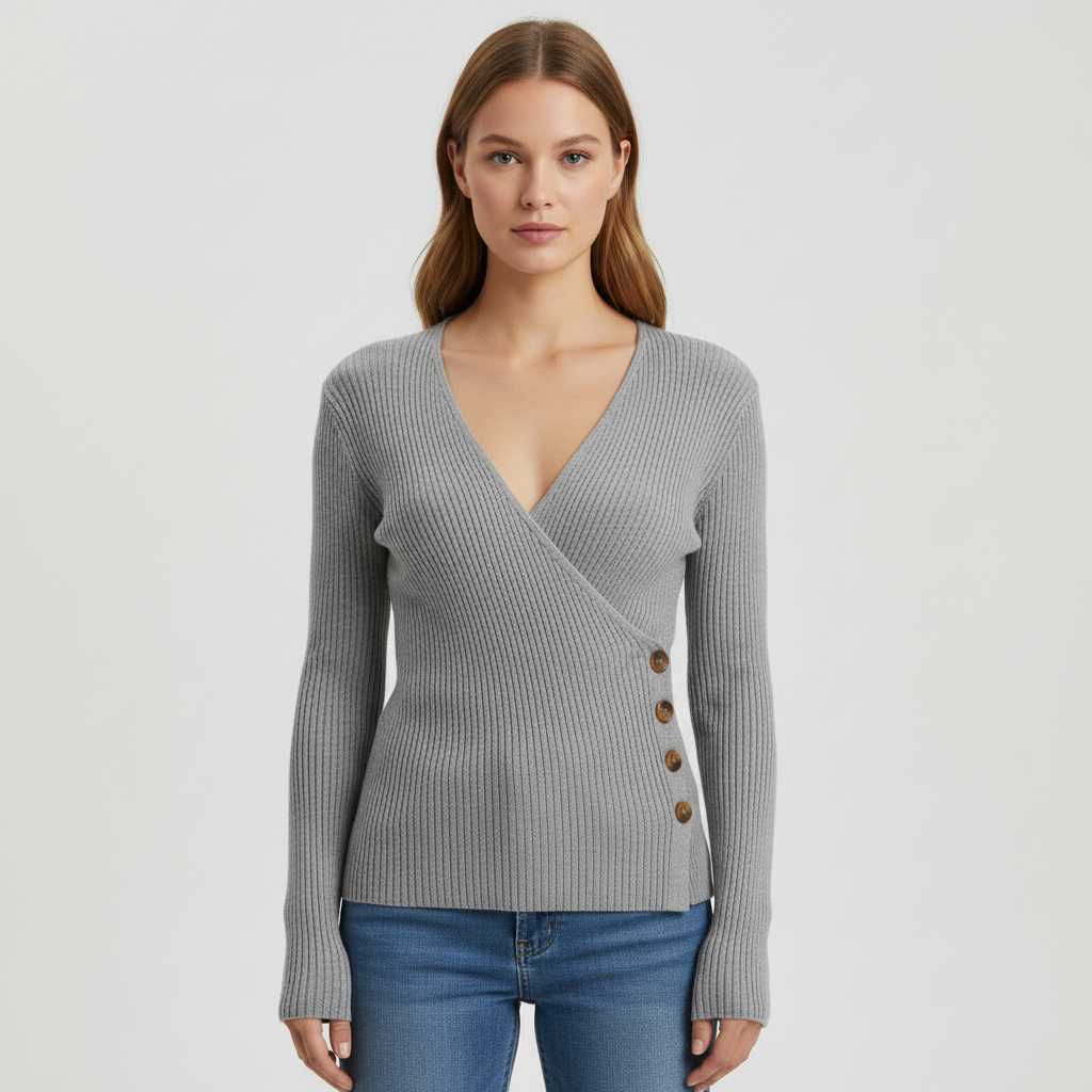 Nina | Women's Ribbed Wrap Sweater with Side Button Detail