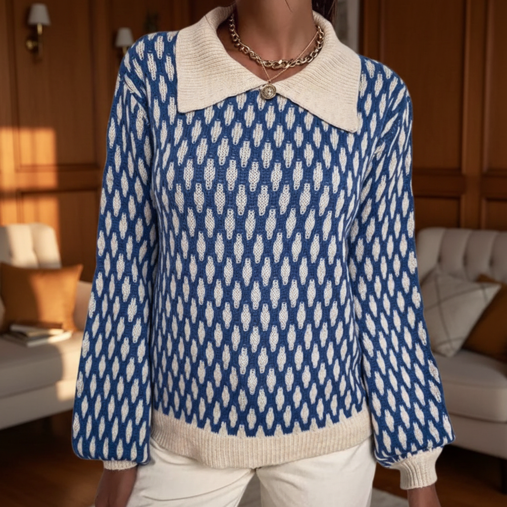 Elizabeth | Women's Printed Collared Sweater Relaxed Long Sleeve Knit