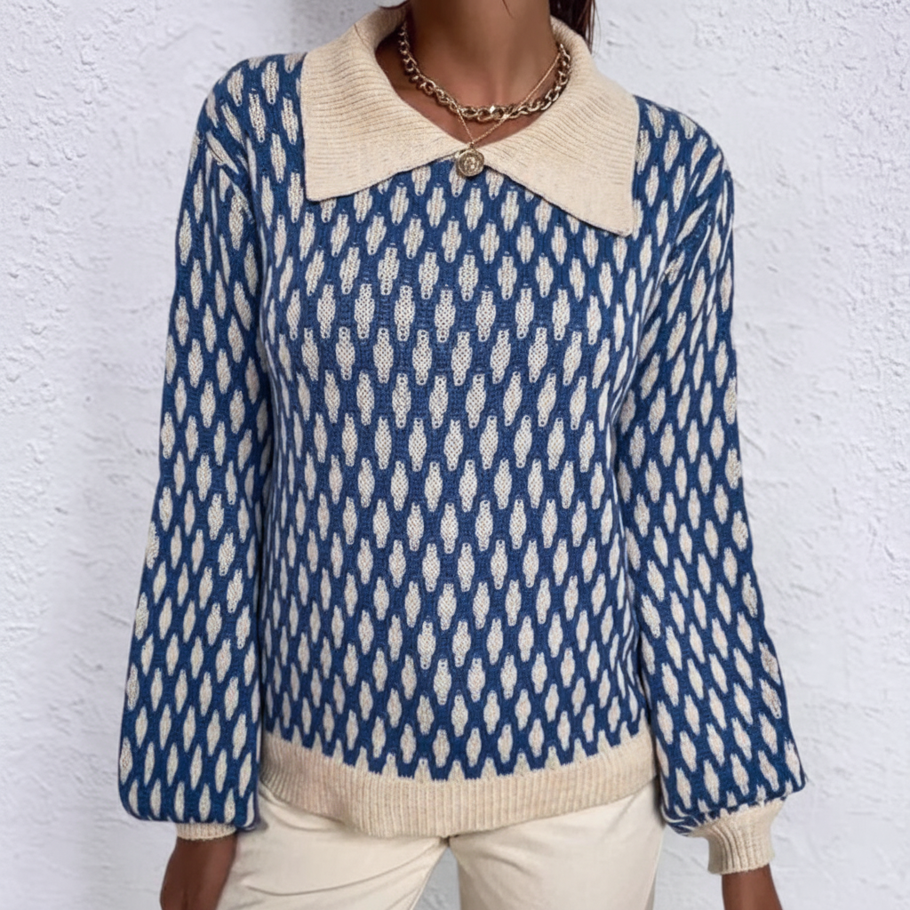 Elizabeth | Women's Printed Collared Sweater Relaxed Long Sleeve Knit