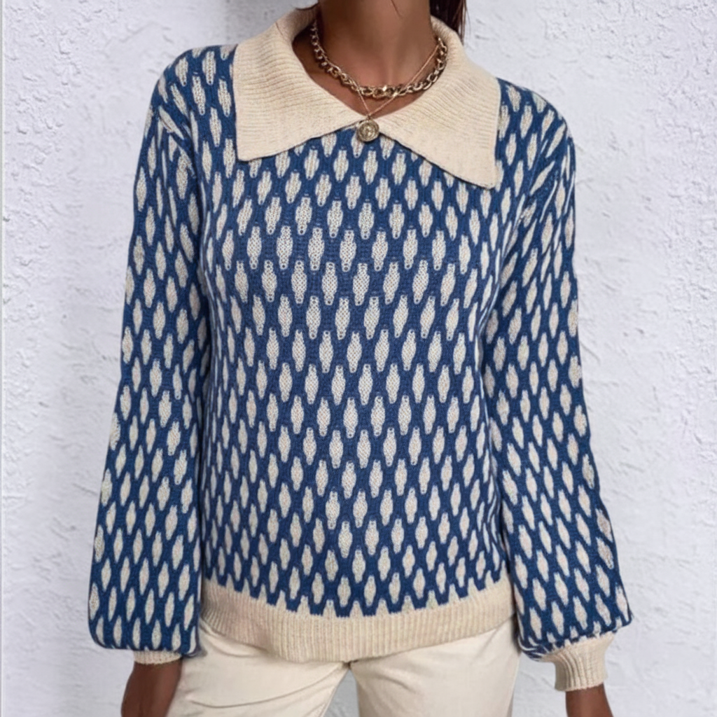 Elizabeth | Women's Printed Collared Sweater Relaxed Long Sleeve Knit