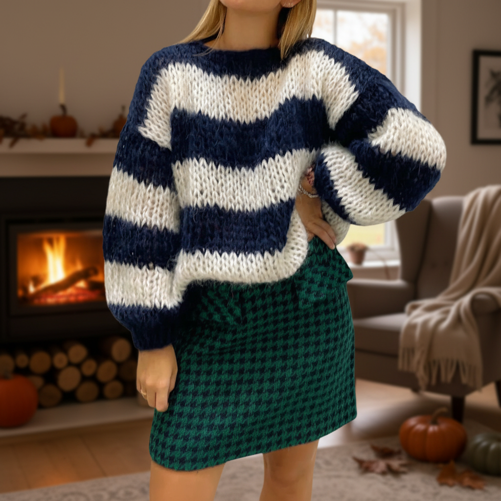 Diane | Women's Chunky Knit Sweater with Wide Stripes and Balloon Sleeves