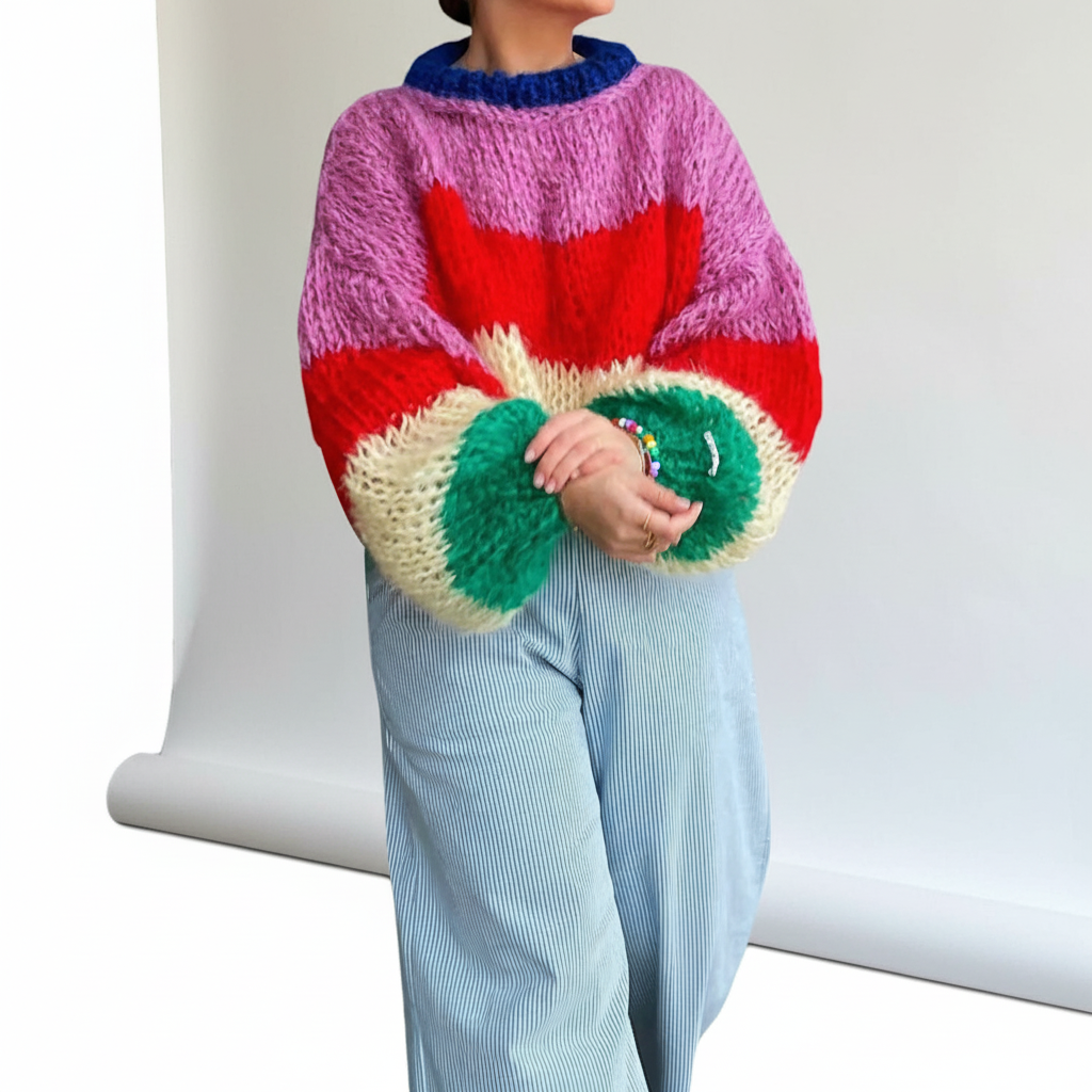 Diane | Women's Chunky Knit Sweater with Wide Stripes and Balloon Sleeves