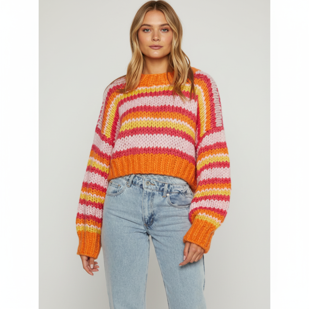 Diane | Women's Chunky Knit Sweater with Wide Stripes and Balloon Sleeves