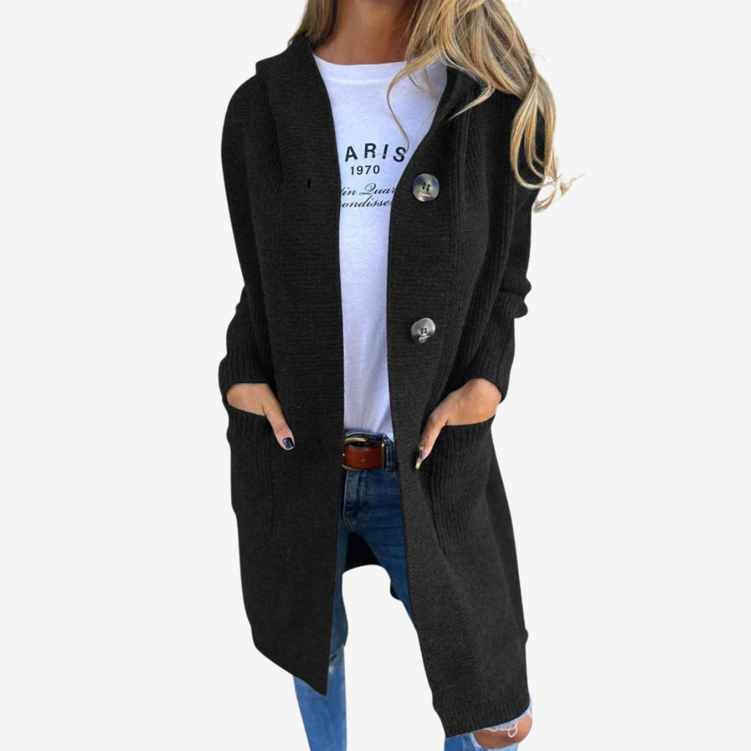 Evelyn | Women's Longline Hooded Knit Cardigan – Relaxed Button Layer for Everyday Wear