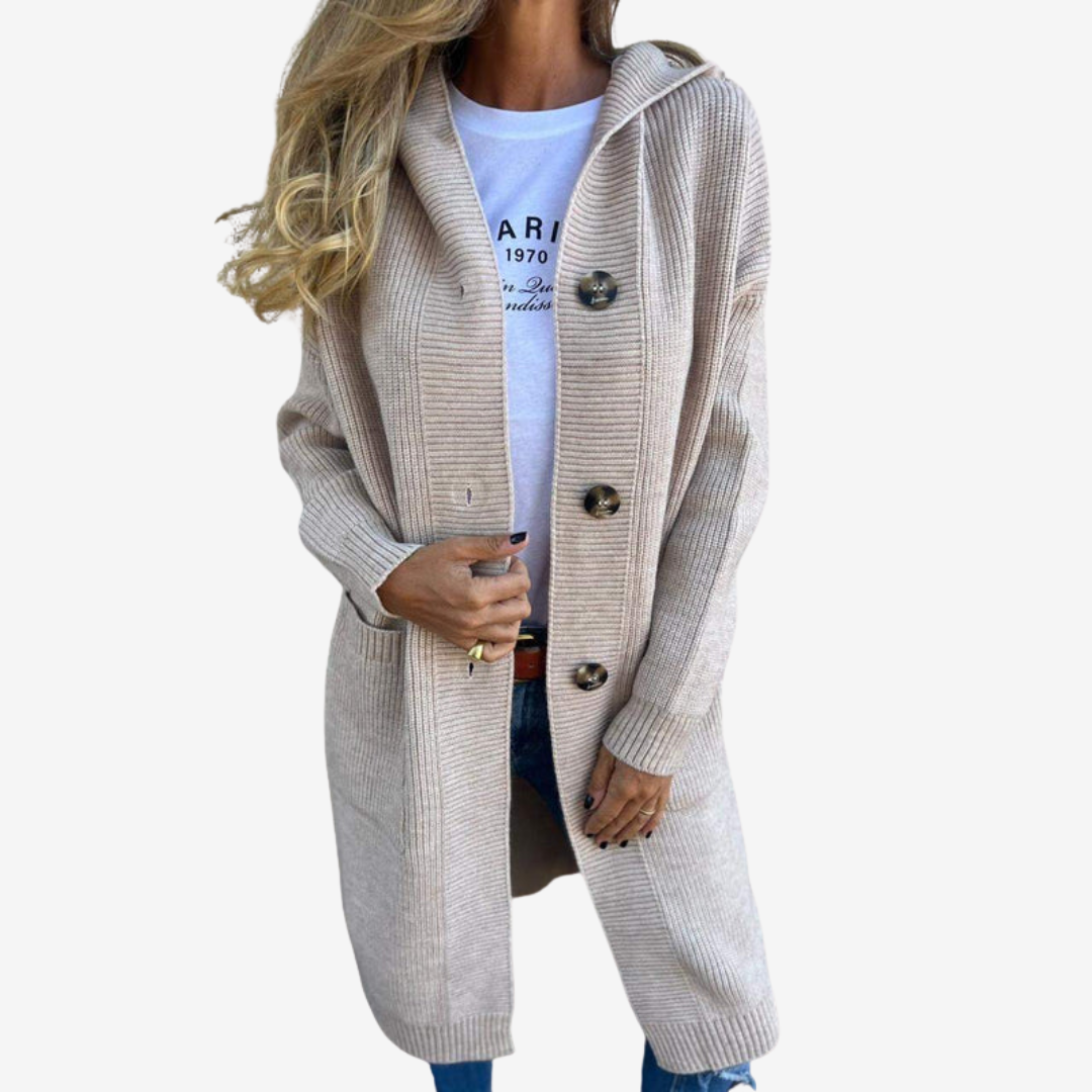 Evelyn | Women's Longline Hooded Knit Cardigan – Relaxed Button Layer for Everyday Wear