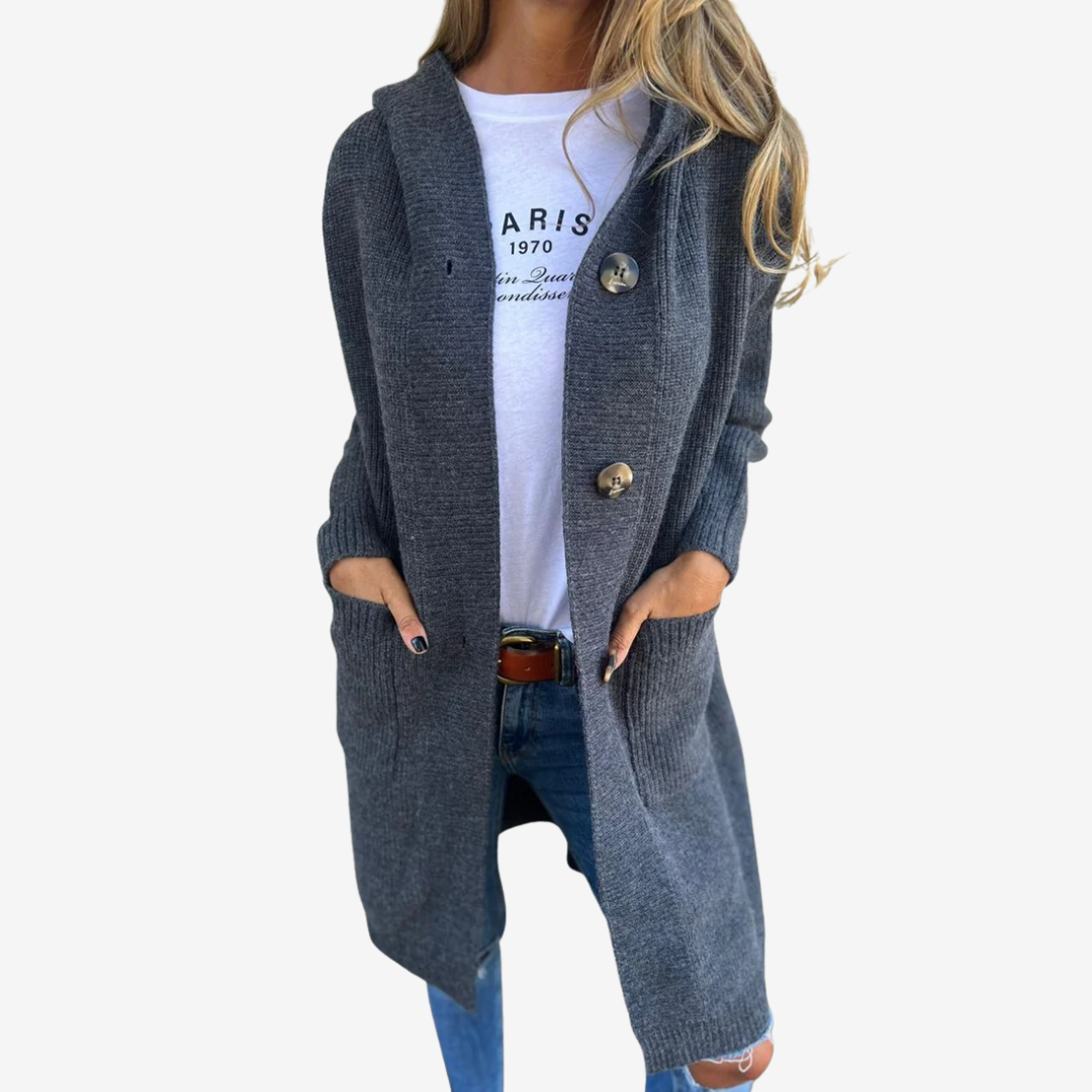 Evelyn | Women's Longline Hooded Knit Cardigan – Relaxed Button Layer for Everyday Wear