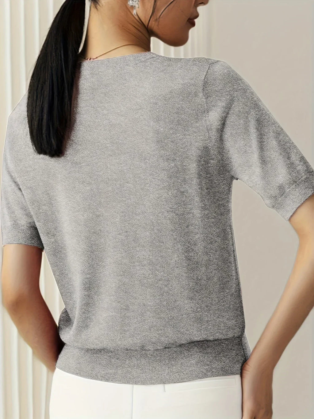Sharon | Women's Fine Knit Sweater with Short Sleeves and Ribbed Trim