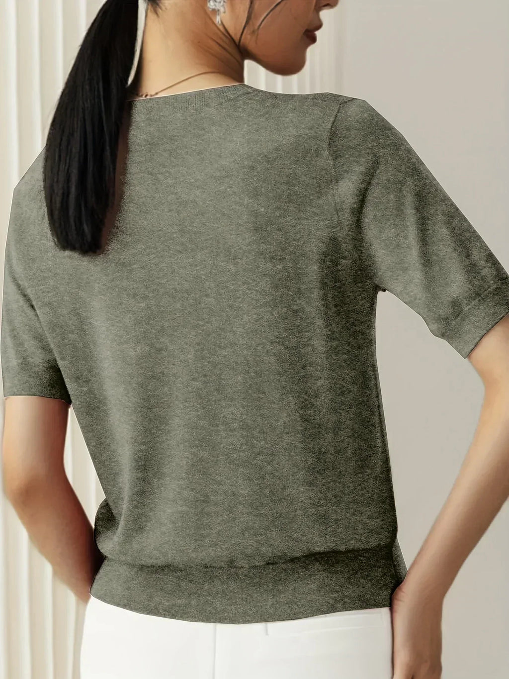 Sharon | Women's Fine Knit Sweater with Short Sleeves and Ribbed Trim
