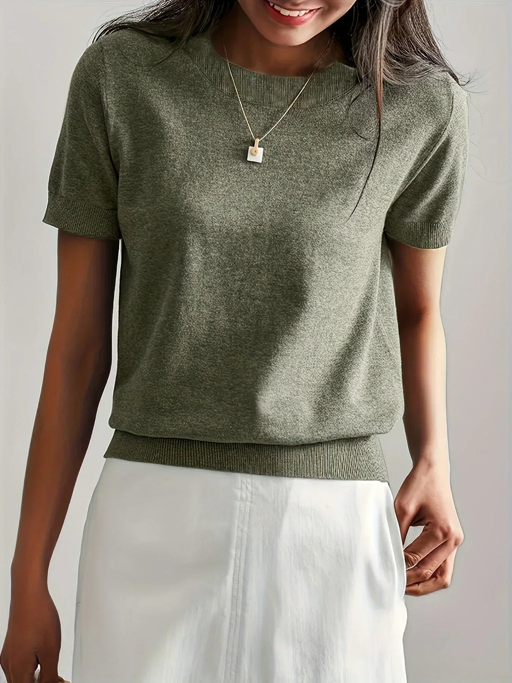 Sharon | Women's Fine Knit Sweater with Short Sleeves and Ribbed Trim