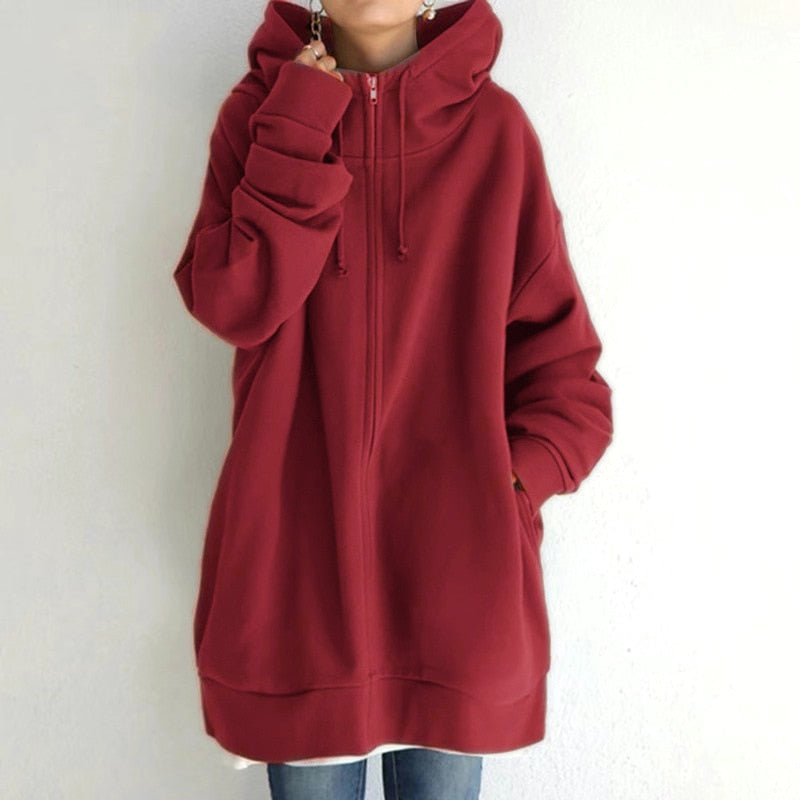 Sophia | Women's Oversized Zip-Up Hoodie – Longline Relaxed Sweatshirt Layer with Drawstring Hood for Everyday Comfort