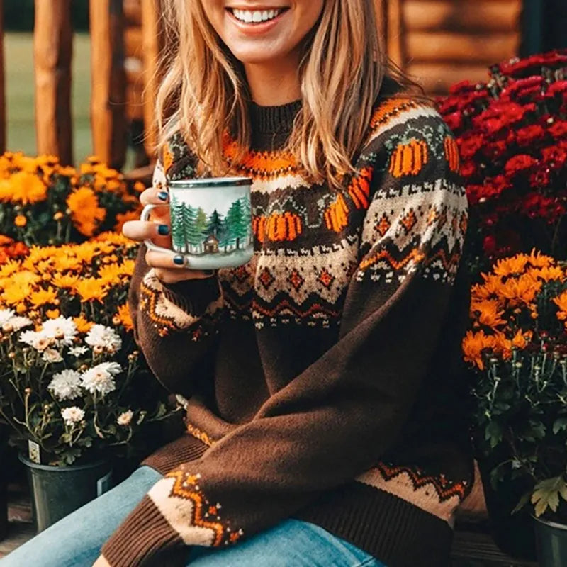 Autumn | Women's Fair Isle Pumpkin Knit Sweater – Cosy Autumn Pullover with Seasonal Pattern