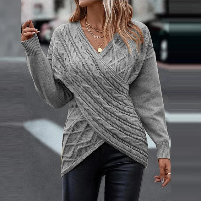 Maeve | Women's Wrap-Front Cable-Knit Sweater – V-Neck Longline Pullover for Elegant Winter Styling