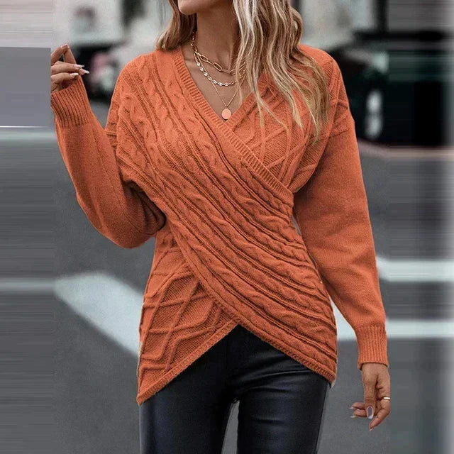 Maeve | Women's Wrap-Front Cable-Knit Sweater – V-Neck Longline Pullover for Elegant Winter Styling