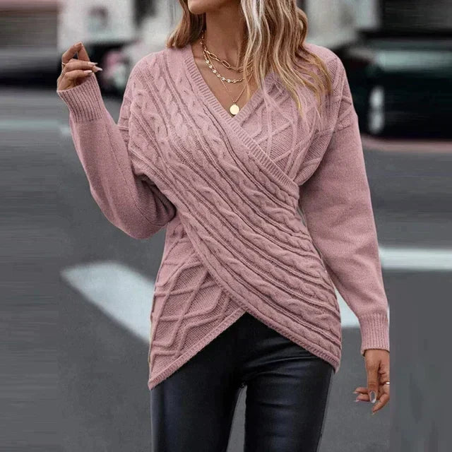 Maeve | Women's Wrap-Front Cable-Knit Sweater – V-Neck Longline Pullover for Elegant Winter Styling