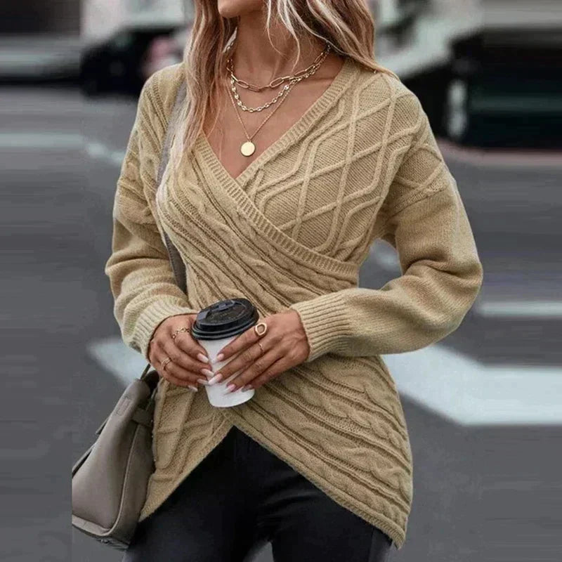 Maeve | Women's Wrap-Front Cable-Knit Sweater – V-Neck Longline Pullover for Elegant Winter Styling