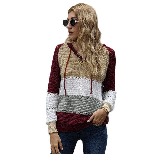 Bella | Women's V-Neck Hooded Knitted Sweater – Relaxed Drawstring Long-Sleeve Layer for Casual Autumn Winter Everyday Wear