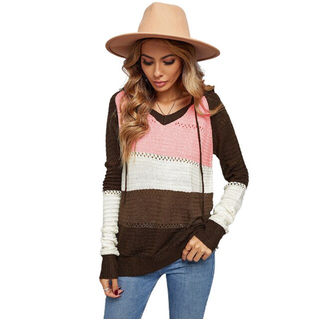 Bella | Women's V-Neck Hooded Knitted Sweater – Relaxed Drawstring Long-Sleeve Layer for Casual Autumn Winter Everyday Wear
