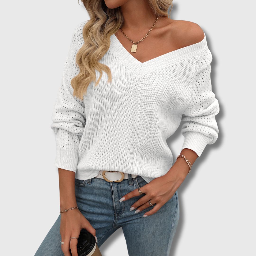 Adeline | Women's V-Neck Open-Knit Sweater – Breathable Relaxed Layer for Office and Weekend Wear